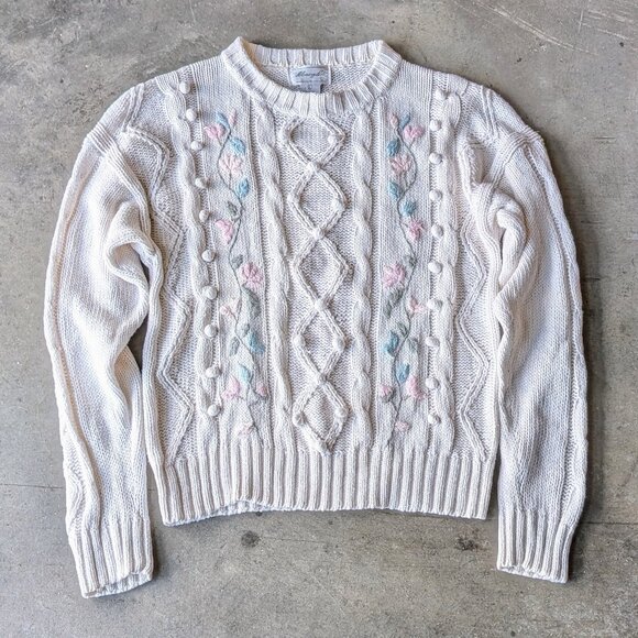 Vintage Margules White Cable Knit Floral Embroidered Pom Pom Sweater large - Picture 1 of 7